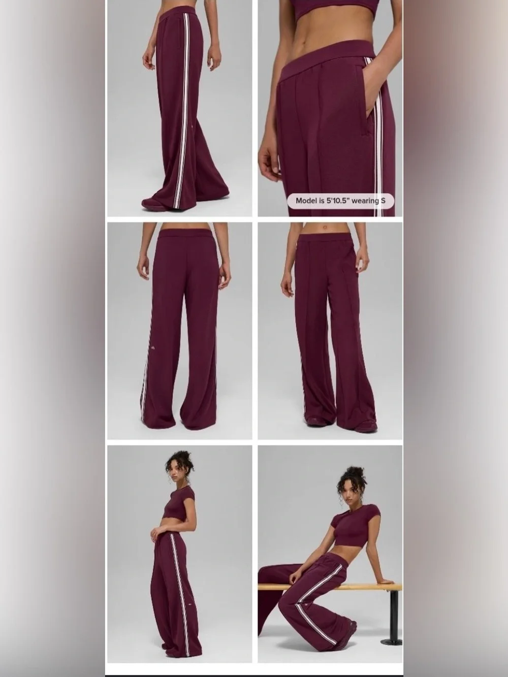 ALO Yoga Wide-Leg Track Pants in Plum with White Side Stripes - Picture 1 of 10